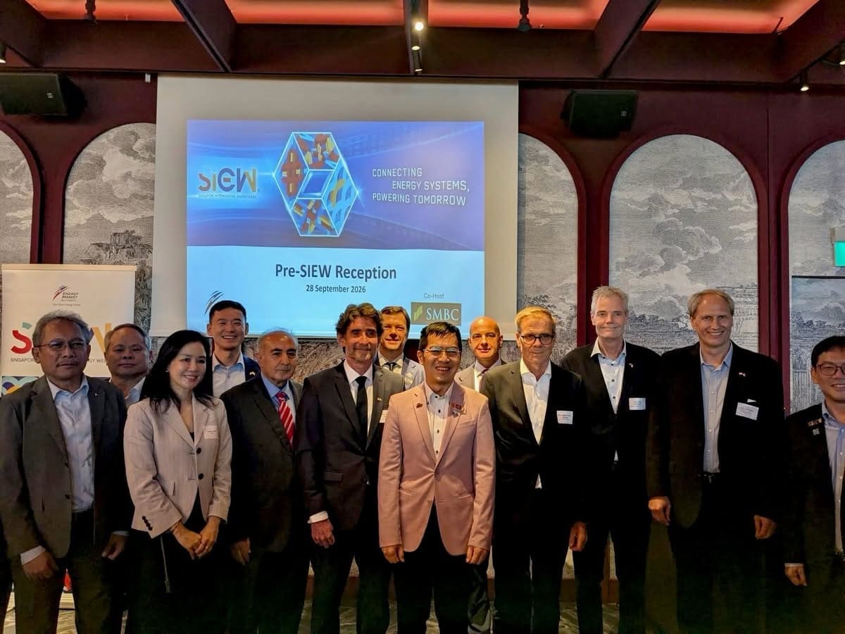 Current image: Participants pose at the Pre-SIEW Reception ahead of Singapore International Energy Week 2026.